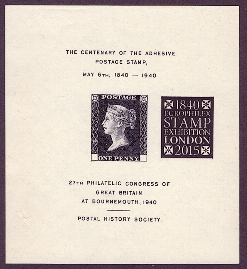 (image for) 1940 Philatelic Congress of Great Britain Cinderella Miniature Sheet with Europhilex 2012 black overprint